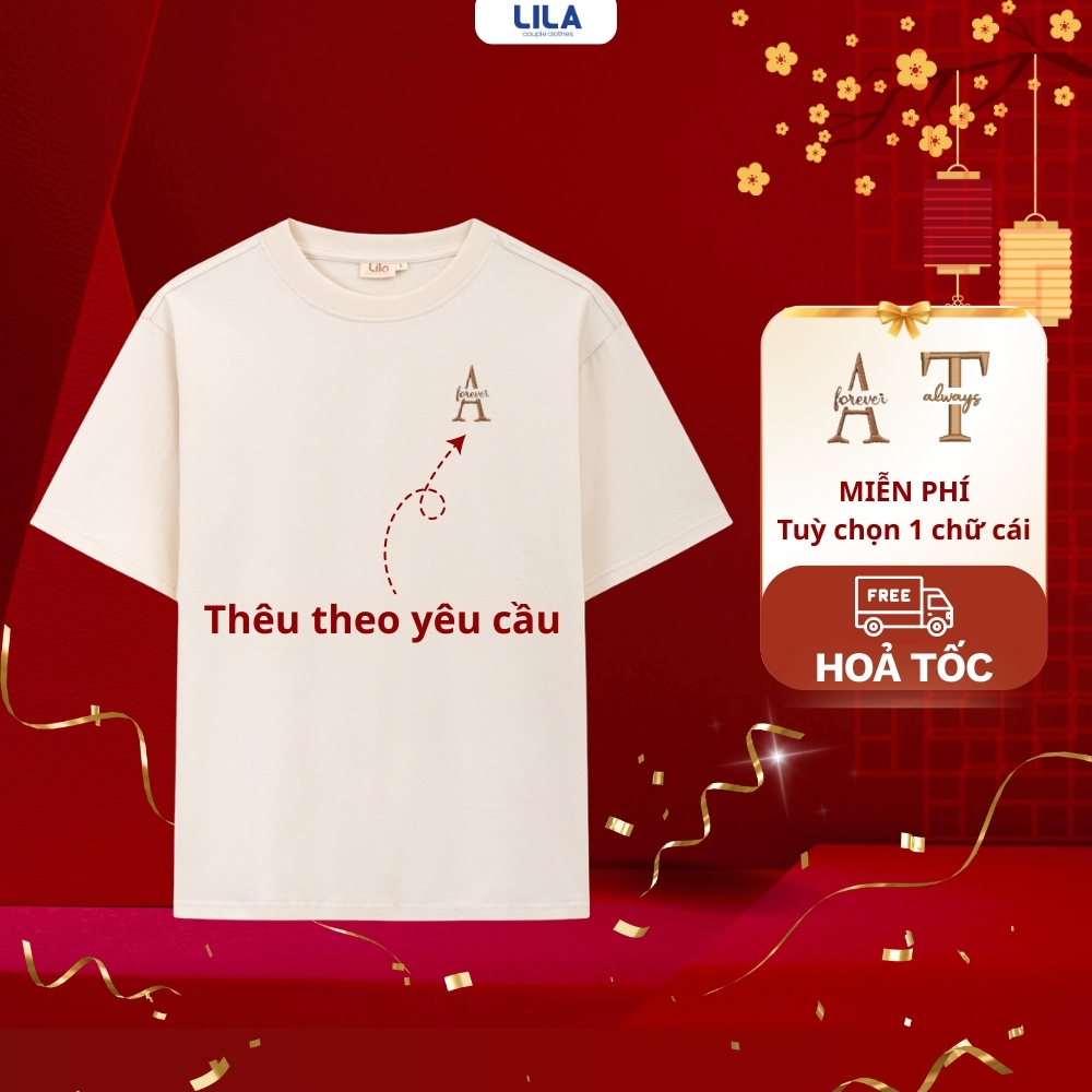 Áo thun nam nữ, áo phông unisex Initial thêu theo yêu cầu chất cotton mềm mịn - Lila đồ đôi