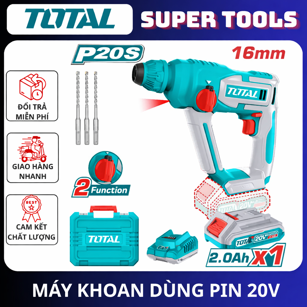TOTAL Máy khoan bê tông dùng pin 20V TRHLI201681 , TRHLI20168
