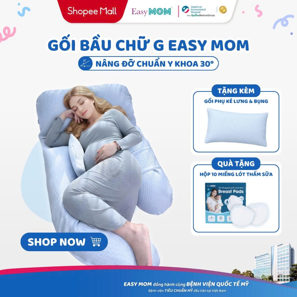 Gối Bầu Chữ G Easy MOM Nâng Đỡ Bụng Bầu, Giảm Đau Lưng, Thiết Kế Tháo Rời Linh Hoạt