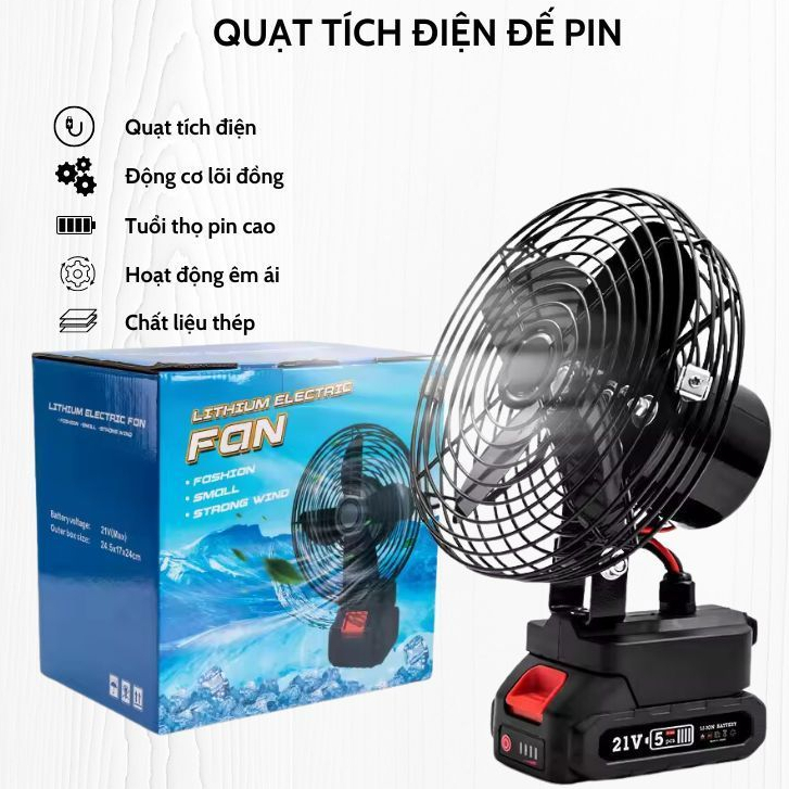 Quạt Tích Điện Lồng Sắt Để Bàn Pin 10cell Đế Pin 21V 2 Mức Gió Sử Dụng 12-18 Tiếng Kích Thước 8 Inch_Q4