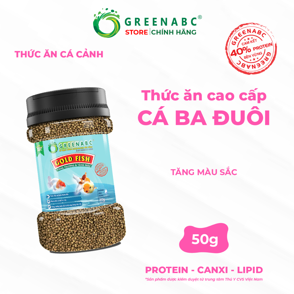 Cám cá 3 đuôi GREENABC - Độ đạm 40, lên đầu đẹp, màu sắc rực rỡ - Hộp 50g