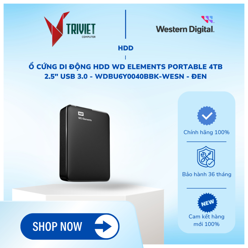 Ổ cứng di động HDD WD Elements Portable 4TB 2.5" USB 3.0 - WDBU6Y0040BBK-WESN - Đen
