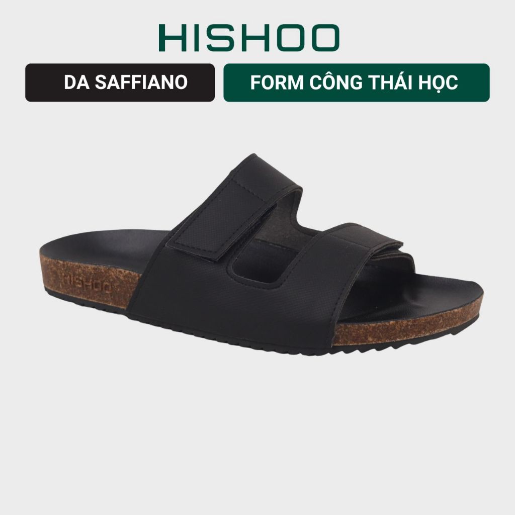 Dép đế trấu birken nam nữ unisex xé dán MẶT ĐEN da SAFFIANO  Hishoo M105