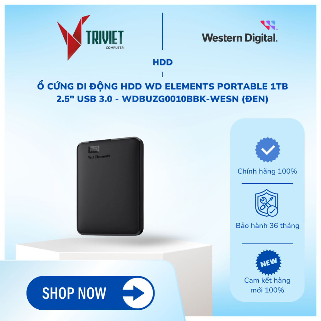 Ổ cứng di động HDD WD Elements Portable 1TB 2.5" USB 3.0 - WDBUZG0010BBK-WESN (Đen)