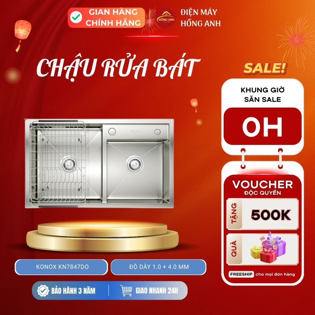 Chậu rửa bát inox Konox KN7847DO 2 hố, Overmount, độ dày 1.0 + 4.0 mm, xước mờ chống ồn, hiện đại