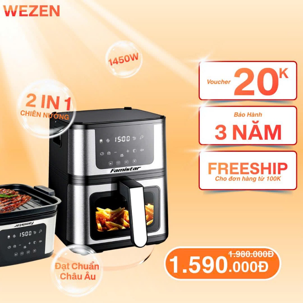 [Hàng cao cấp xuất Au] Nồi Chiên Không Dầu 2 in 1 Tích Hợp Chiên Và Nướng 5L Bảo hành 3 năm - WEZEN