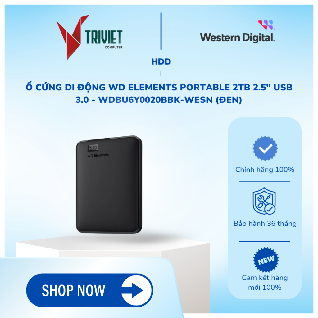 Ổ cứng di động WD Elements Portable 2TB 2.5" USB 3.0 - WDBU6Y0020BBK-WESN (Đen)