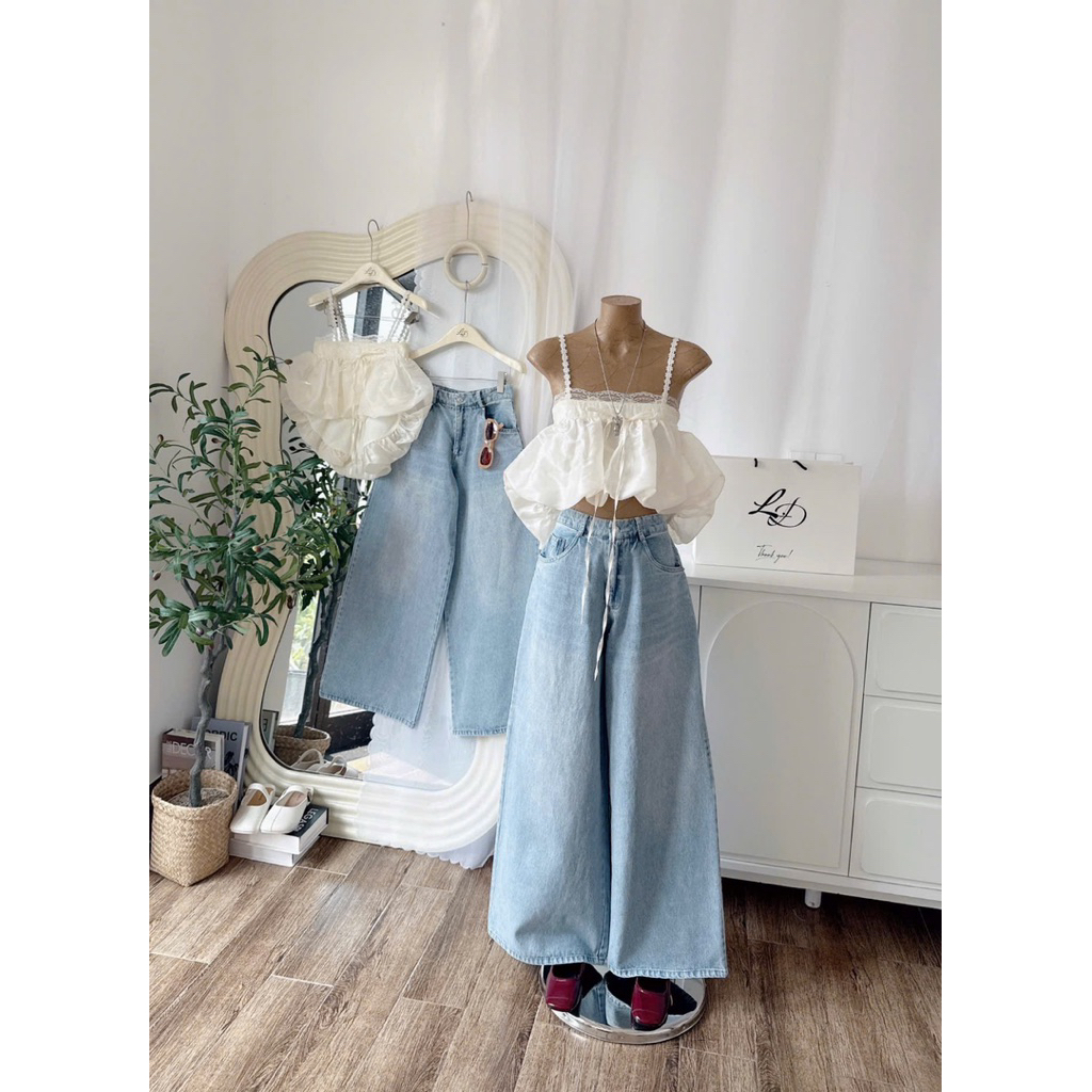 SÉT ÁO TƠ KEM CRT BÍ 2S VIỀN REN PHÓI QUẦN JEAN NHẠT ỐNG RỘNG🩵