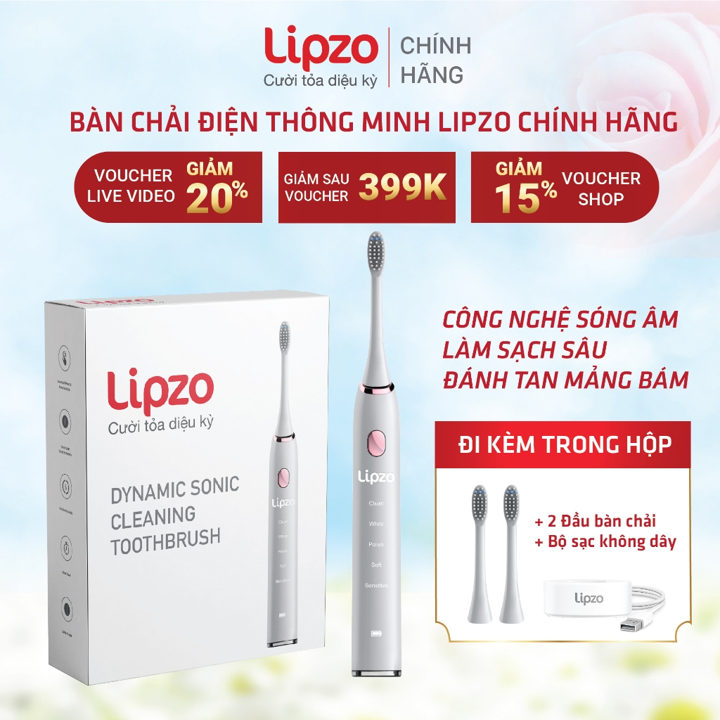 Bàn Chải Điện Lipzo Chính Hãng - 5 Chế Độ Làm Sạch Gấp 20 Lần, Sóng Âm 40.000 Nhịp, BH 24 Tháng