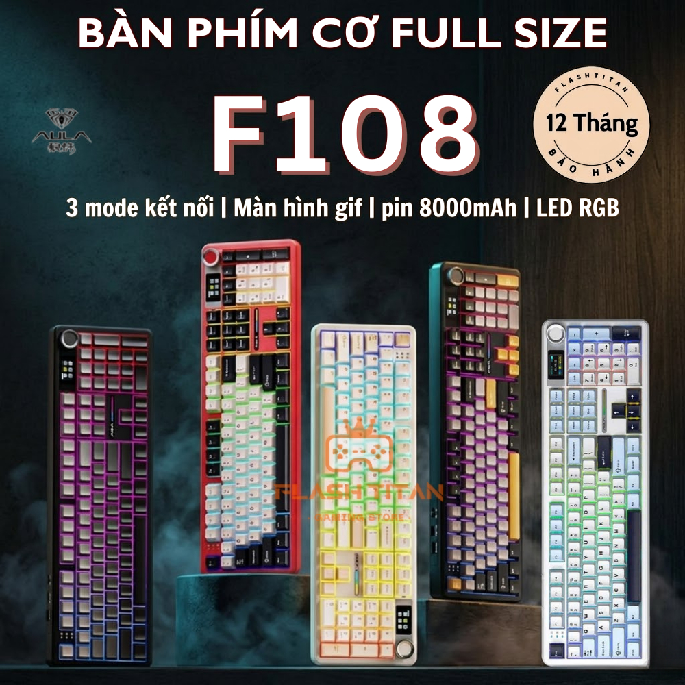 Bàn phím cơ không dây AULA F108 PRO bàn phím cơ bluetooth fullsize có màn hình LCD Bảo hành 12 tháng