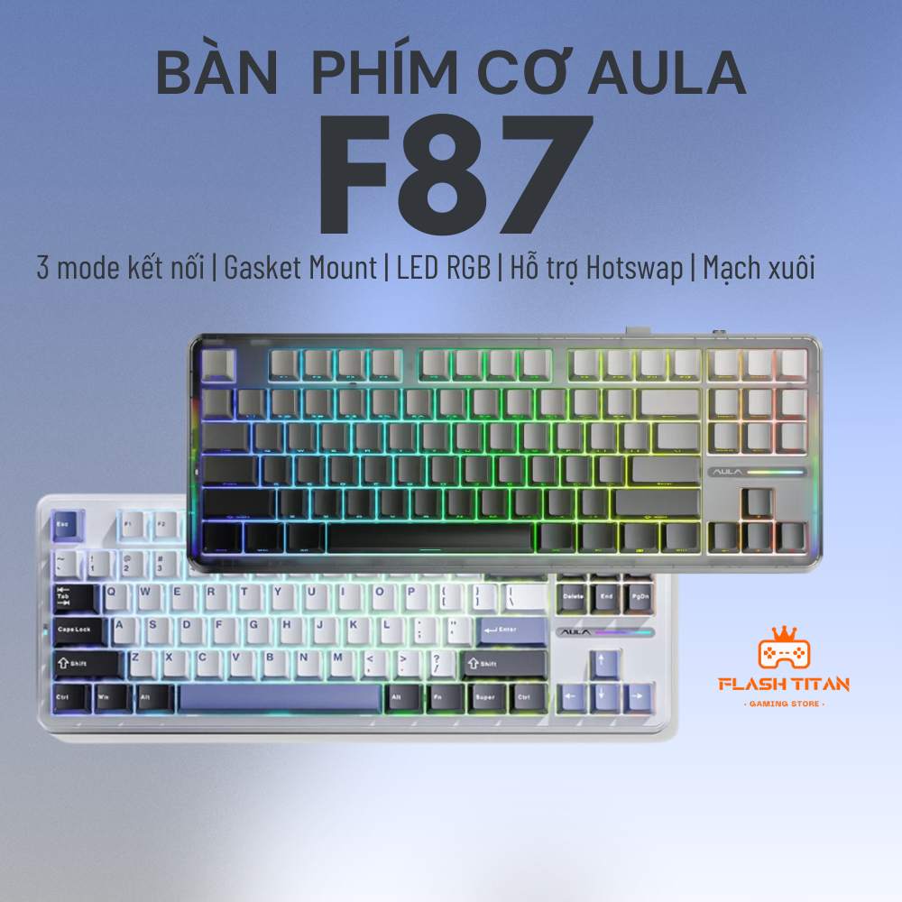 Bàn phím bluetooth AULA F87 Pro - bàn phím cơ không dây 3 Mode kết nối -Led RGB - Bảo hành 12 tháng