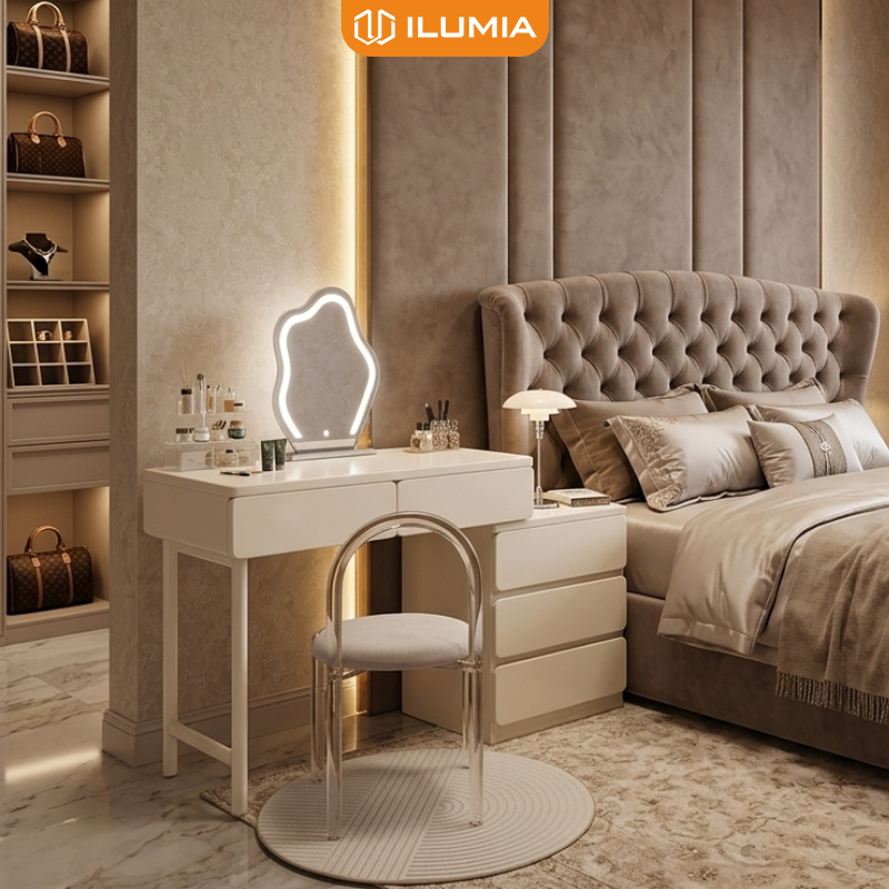 Bàn trang điểm kèm tủ 3 hộc kéo màu full trắng sang trọng thương hiệu ILUMIA - GM142