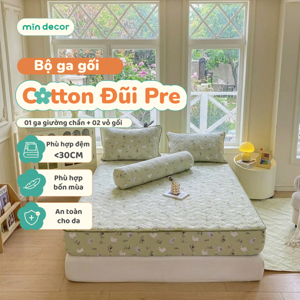 Bộ Ga Gối Cotton Đũi Pre Mịn Decor, Drap Giường Chần Bông 1m6x2m | 1m8x2m | 2mx2m2 Bo Chun 30cm