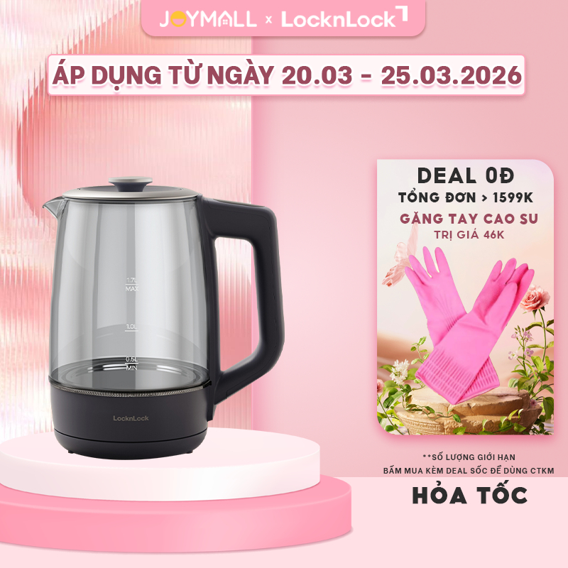 Ấm Đun Siêu Tốc LocknLock EJK276GRY 1.7L, Hàng Chính Hãng, 5 Mức Nhiệt, Giữ Ấm 12h, đế STRIX-JoyMall