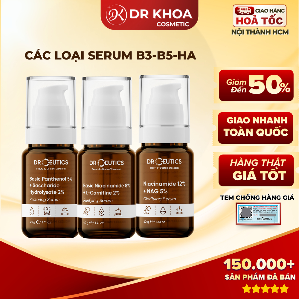 Serum DrCeutics B5 Basic, Niacinamide B3 8%, B3 12%, HA+NMFs Cấp Ẩm Phục Hồi Da 30g/40g/100g