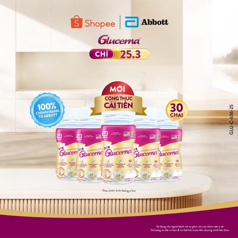 Thùng 30 chai sữa nước Glucerna uống liền tiện lợi 220ml (mẫu thùng thay đổi tùy từng đợt nhập hàng)