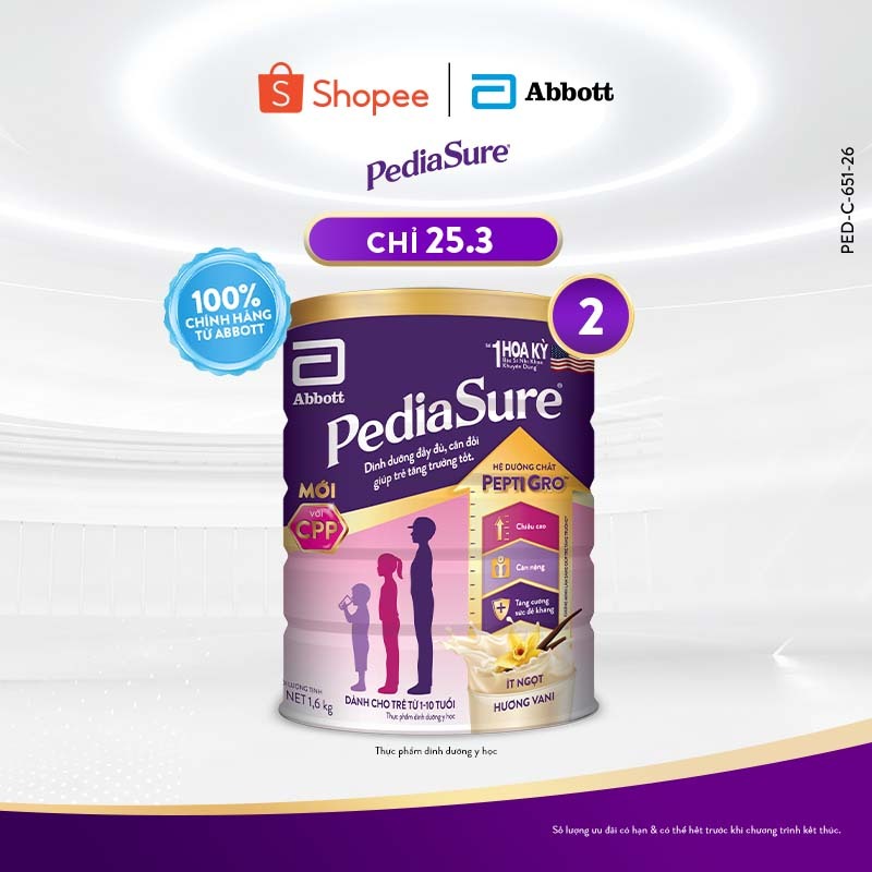 Combo 2 lon PediaSure 1-10 tuổi dạng bột hương Vani 1.6kg