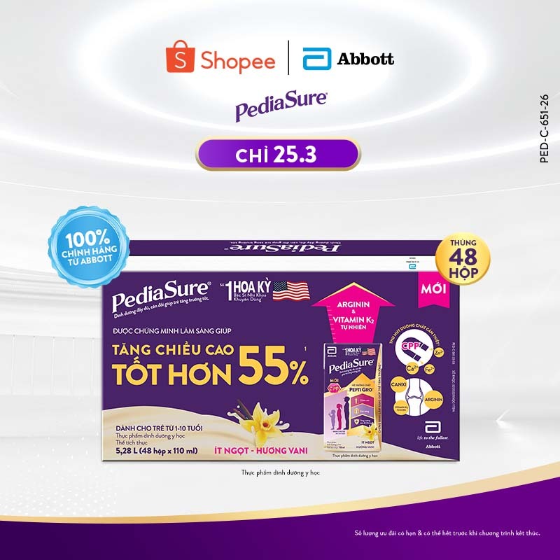 1 thùng 48 hộp PediaSure 1-10 tuổi dạng pha sẵn hương Vani 110ml