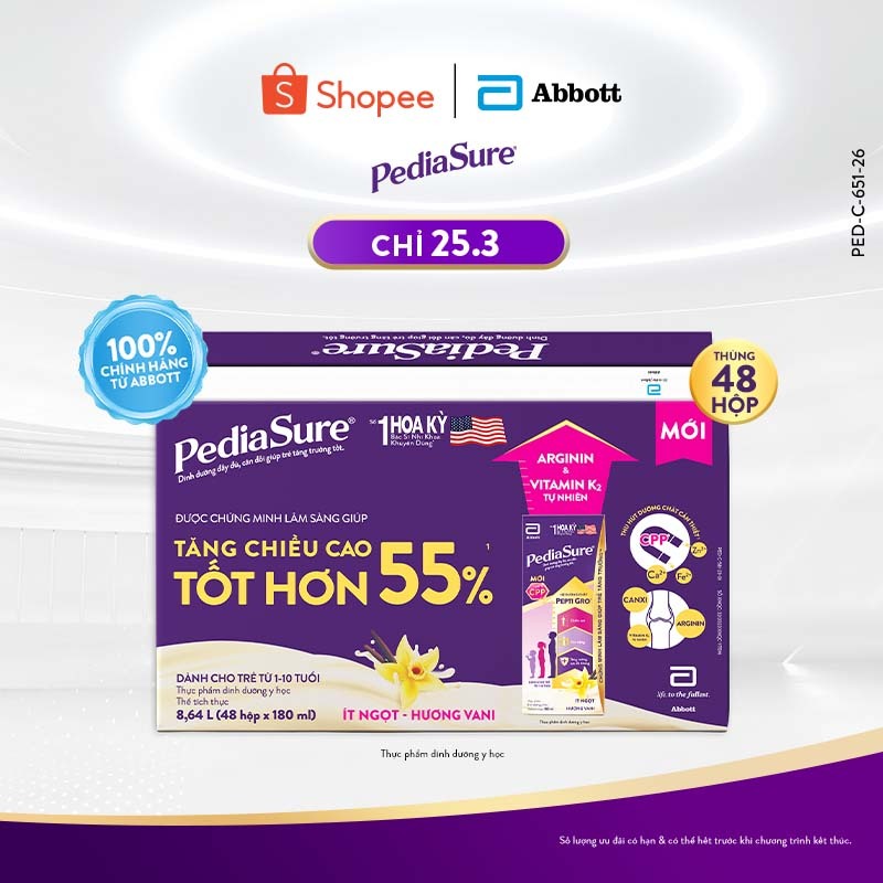1 thùng 48 hộp PediaSure 1-10 tuổi dạng pha sẵn hương Vani 180ml