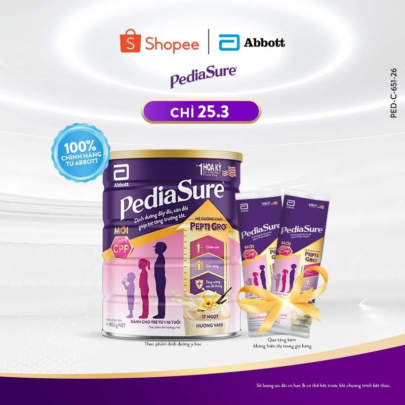 [Tặng 02 gói dùng thử] 1 lon PediaSure 1-10 tuổi dạng bột hương Vani 800g