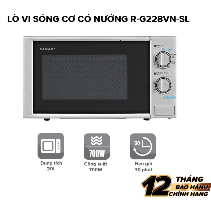 Lò Vi Sóng Cơ Có Nướng 20L Sharp R-G228VN-SL -  5 mức công suất
