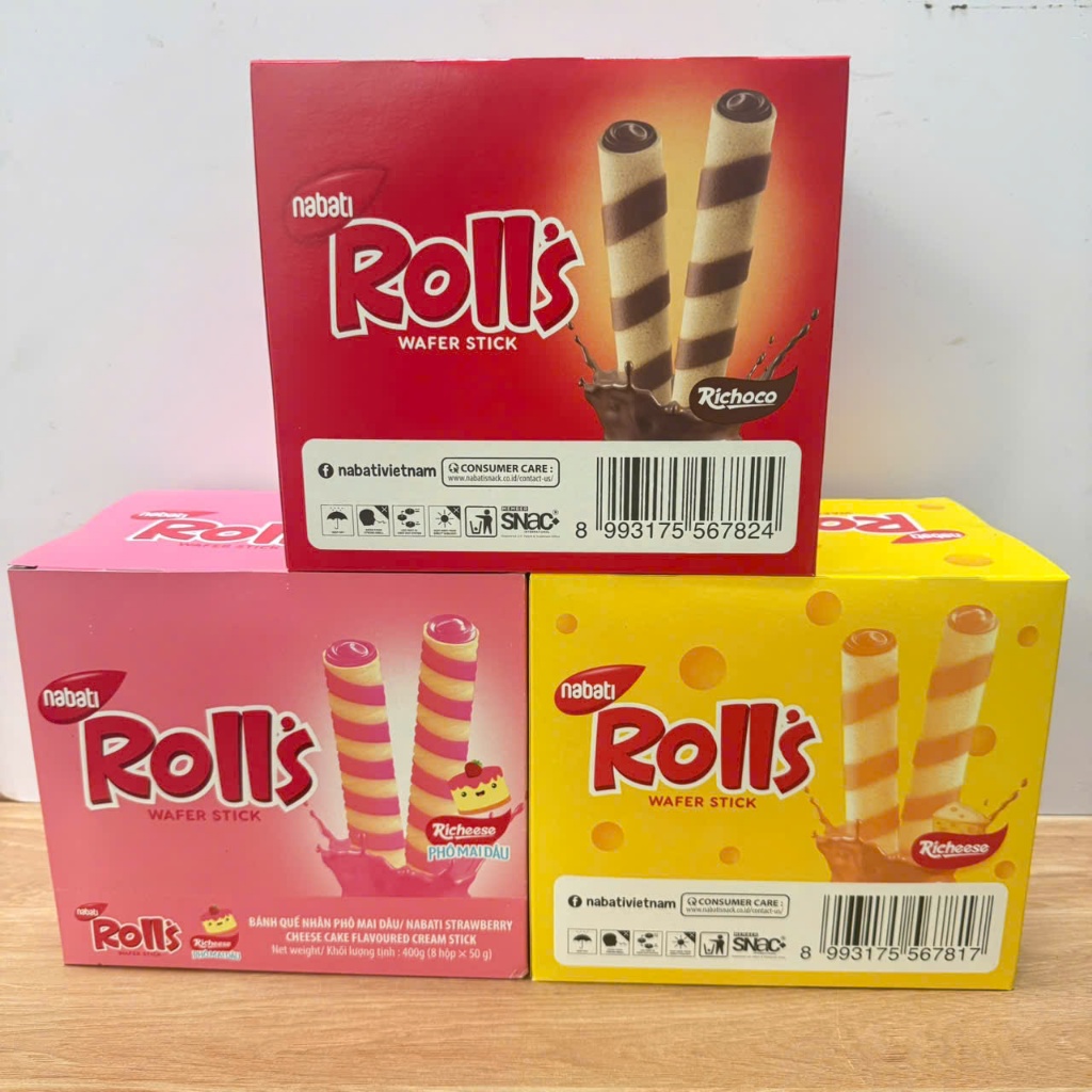Combo 4/8 hộp Bánh Quế Nhân Kem Nabati Rolls Wafer Stick 50g/hộp