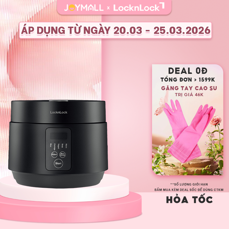 Nồi cơm điện tử LocknLock Compact Rice Cooker EJR346BLK 1.2L màu đen- Hàng chính hãng, nắp gài- JoyMall