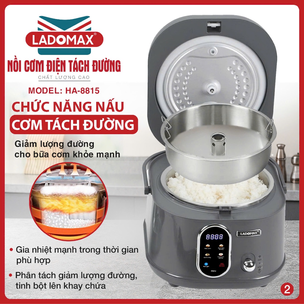NỒI CƠM ĐIỆN TÁCH ĐƯỜNG LADOMAX  Model: HA-8815_Inox