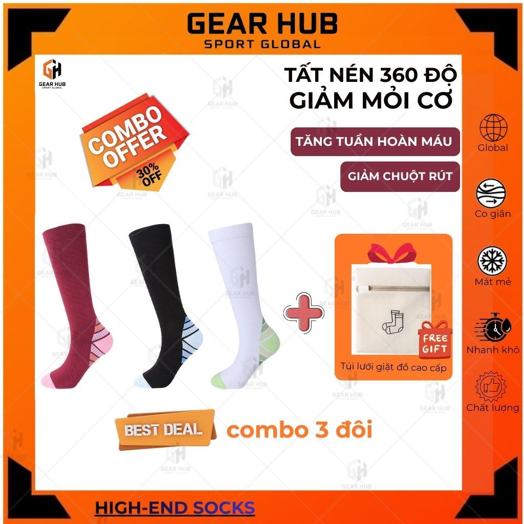 [HOT DEAL] Combo 3 TẶNG QUÀ - Tất Nén Thể Thao Gear Hub - Vớ Compression Cổ Cao Chuyên Dụng Chạy Bộ,