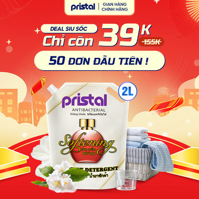 Nước giặt xả dưỡng vải Pristal Softening túi 2L, làm sạch sinh học, dịu nhẹ, thơm lâu, an toàn cho da bé sơ sinh
