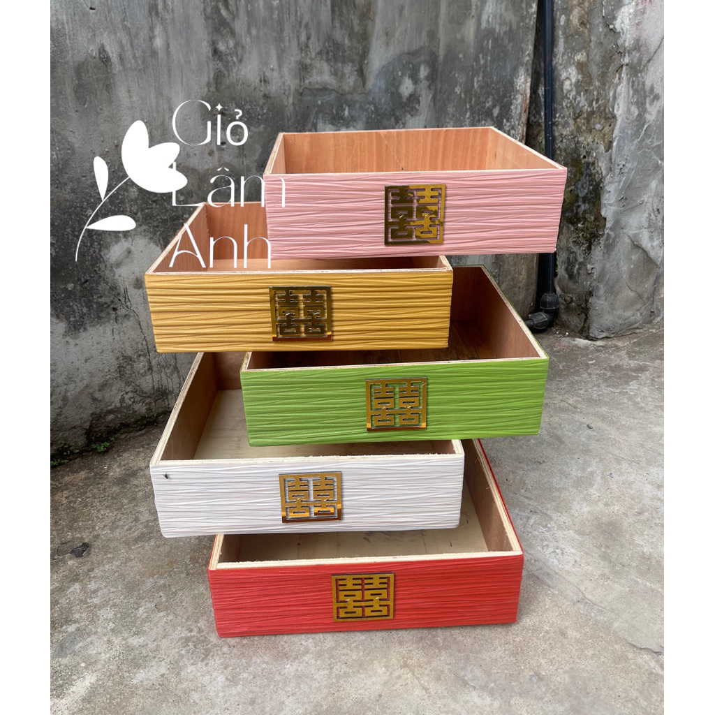Khay tráp gỗ bao dây hình vuông,kèm chữ hỷ hàng gỗ đẹp chắc chắn lên tráp lễ cưới hỏi