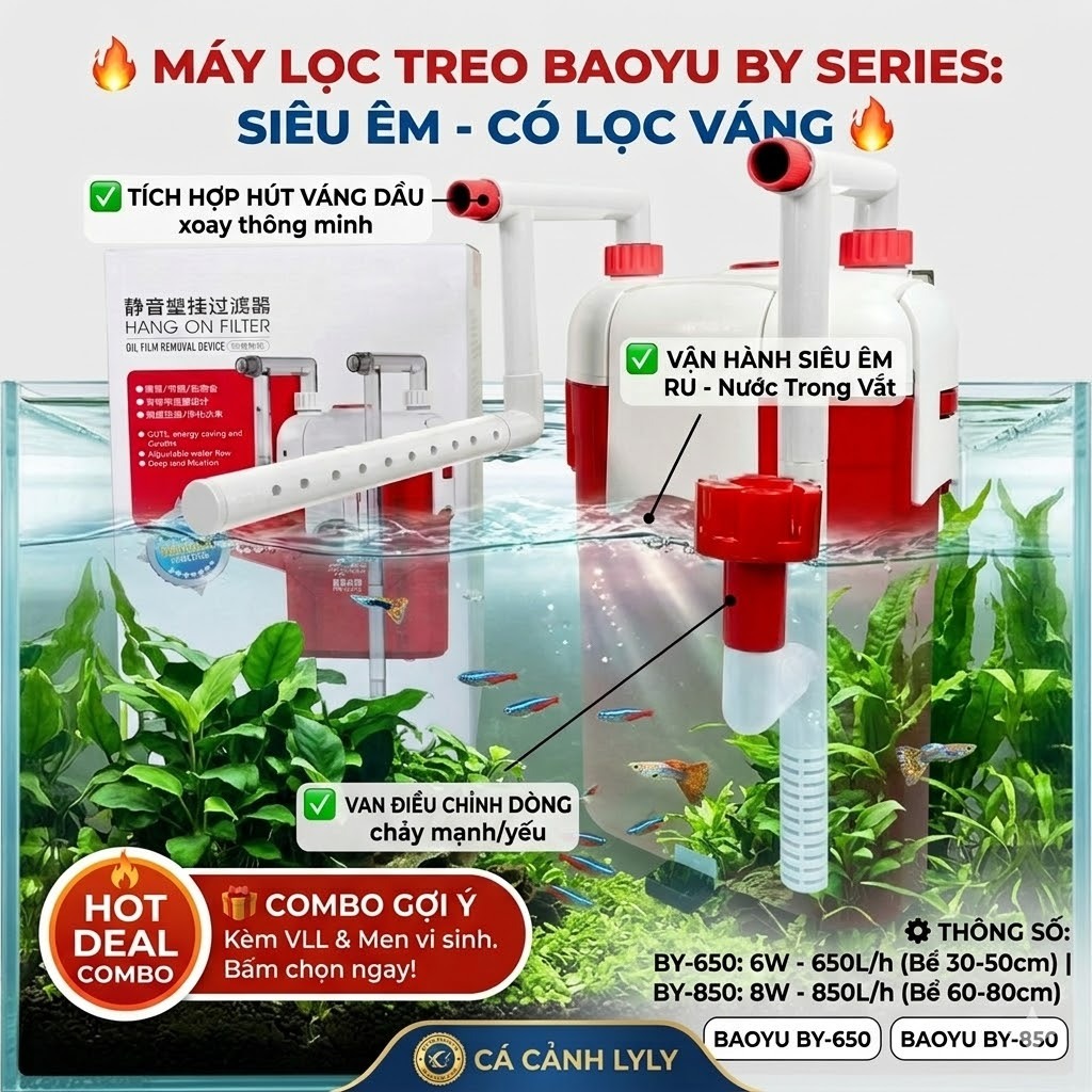 Máy Lọc Treo Bể Cá Baoyu BY-650/BY-850, Lọc Thác Tích Hợp Lọc Váng Xoay Cho Hồ Thủy Sinh