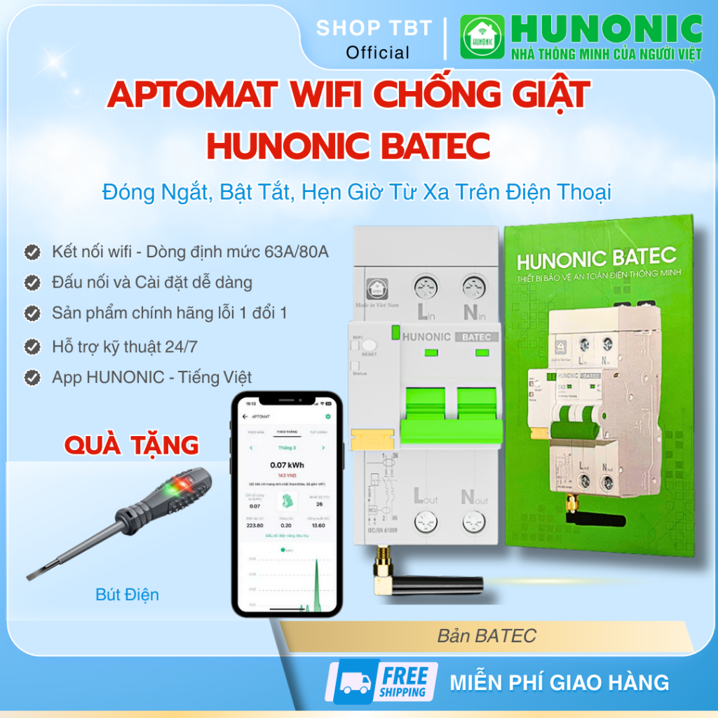 APTOMAT Chống Giật Thông Minh HUNONIC Batec, Thiết Bị Bảo Vệ An Toàn Điện, Đóng Ngắt, Đo Năng Lượng