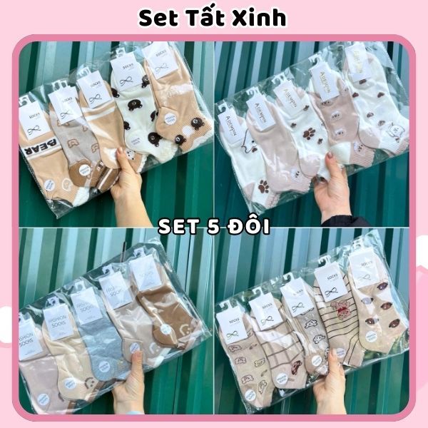 Set 5 đôi tất vớ cổ ngắn tổng hợp NÂU SÁNG cotton kháng khuẩn thấm hút mô hôi tốt SVN015