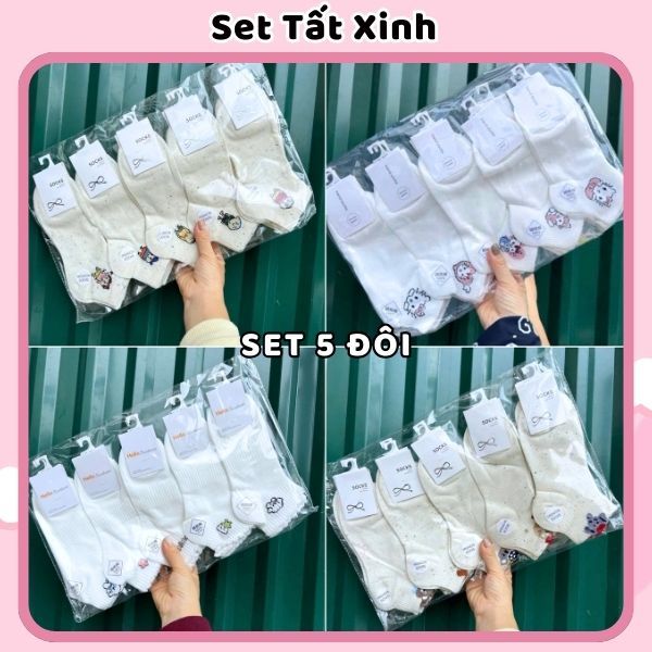 Set 5 đôi tất vớ cổ ngắn tổng hợp MÀU TRẮNG cotton kháng khuẩn thấm hút mô hôi tốt SVN037