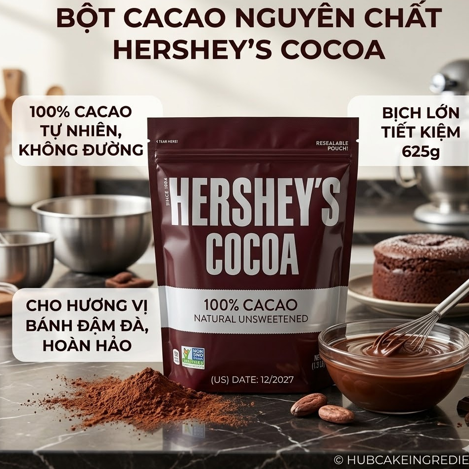 (US) DATE 12/2027 Bột Cacao nguyên chất Hershey’s Cocoa 100% Cacao - Bịch lớn tiết kiệm 625g