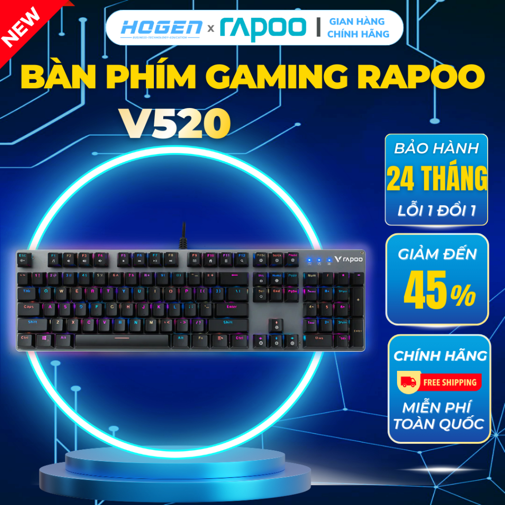 Bàn Phím Cơ Gaming Rapoo GK500/V50S-98/V520-Fullsize 104 Phím, Switch Cơ Học, LED Nhiều Hiệu Ứng