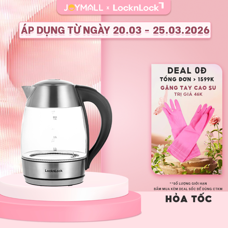 Ấm đun siêu tốc LocknLock thủy tinh EJK341 1.8L ,Hàng chính hãng có điều chỉnh nhiệt độ sôi -JoyMall