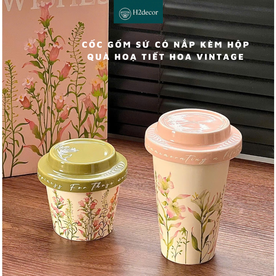 Cốc Gốm Sứ Có Nắp Kèm Hộp Quà Hoa Vintage – Ly Cà Phê Mang Đi Cao Cấp Phong Cách Hàn Quốc H2Decor