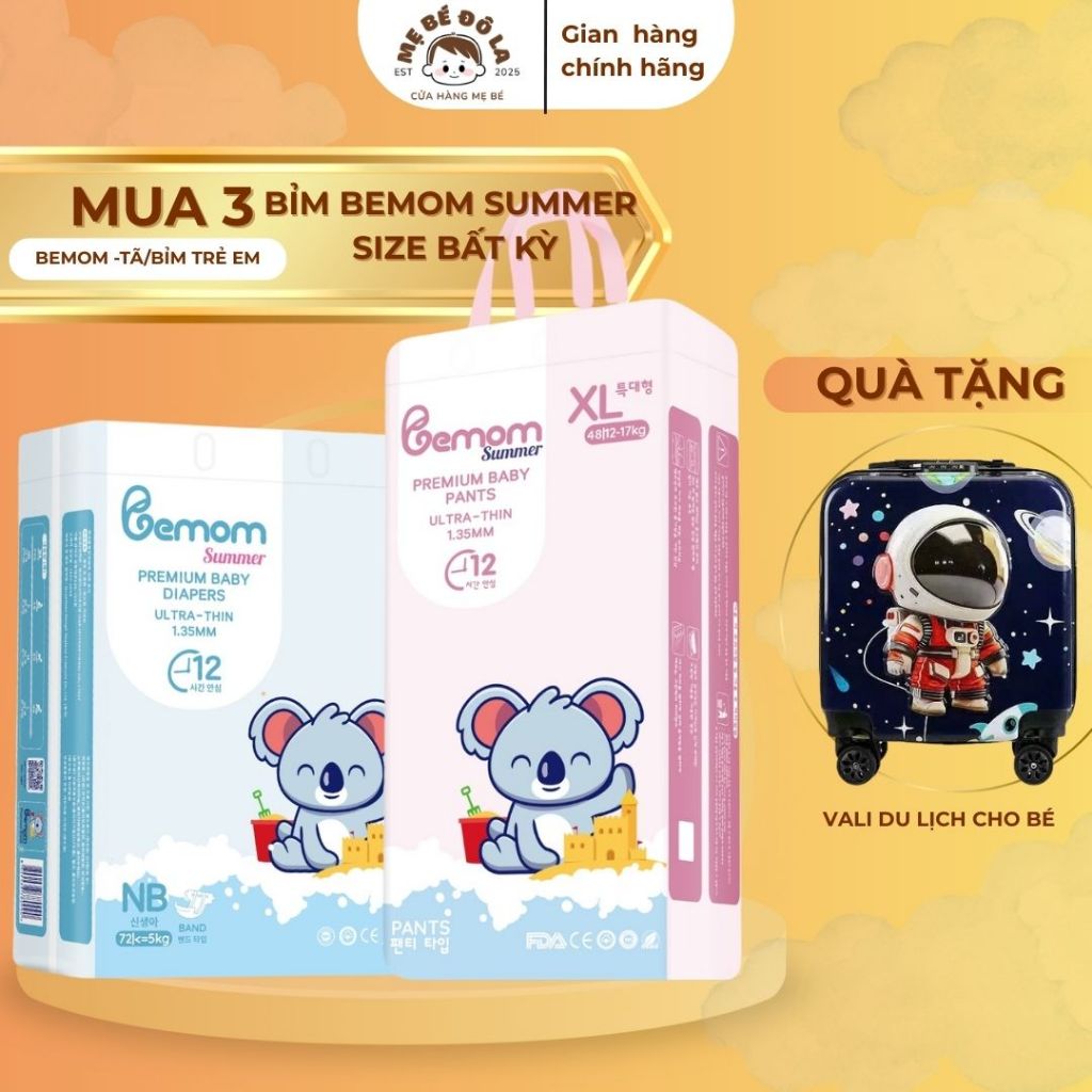 3 Bịch Tã Bỉm Bemom Summer - Tặng Vali Du Lịch Cho Bé - Tã Dán Quần Bemom Summer Full Size NB-XXXL
