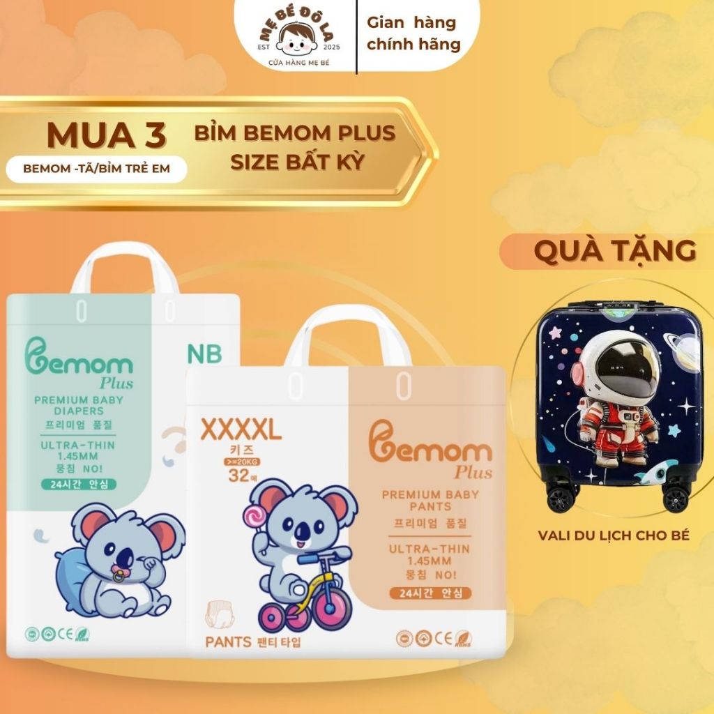 3 Bịch Tã Bỉm Bemom Plus - Tặng Vali Du Lịch Cho Bé - Tã Dán Tã Quần Bemom Plus Full Size