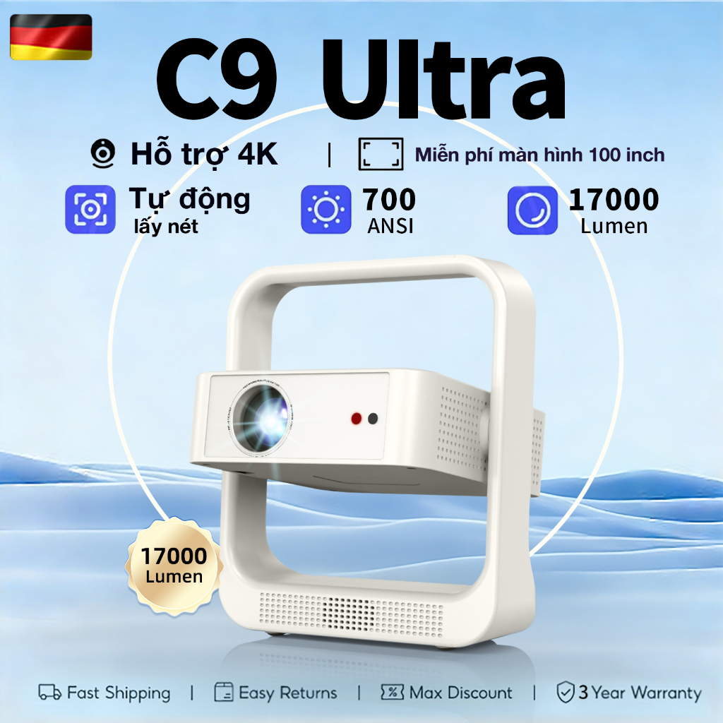 Fintex C9 Ultra - Máy chiếu mini Auto Focus 4K, hình ảnh sắc nét, loa chất lượng cao, kết nối Wi-Fi/Bluetooth đa thiết