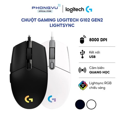 Chuột gaming Logitech G102 Gen2 Lightsync - 8000 DPI - LED RGB 16.8M màu - Bảo hành 24 tháng