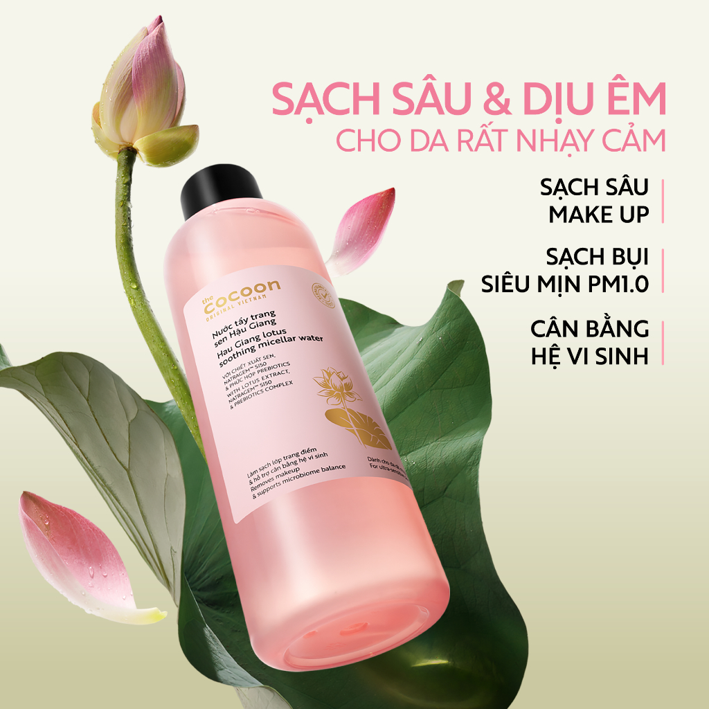 Bigsize - Nước Tẩy Trang Sen Hậu Giang Sạch Bụi Siêu Mịn PM1.0, Có Prebiotics Dịu Êm Cho Da Rất Nhạy Cảm Cocoon 500ml | BigBuy360 - bigbuy360.vn