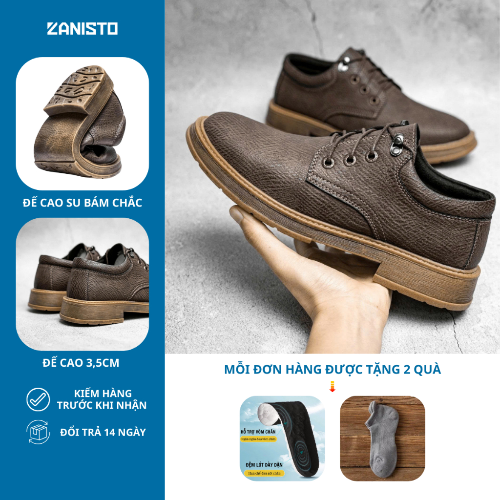 Giày Da Nam CS074 ZANISTO Da Cao Cấp Đế Cao Su Nguyên Khối Tăng Chiều Cao 3,5cm Kiểu Dáng Trẻ Trung