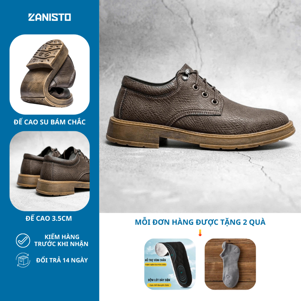 Giày Da Nam Cao Cấp Đốc Tờ ZANISTO CS074 Chất Da Cao Cấp Đế Cao Su Non Nguyên Khối Cao 3cm Lịch Sự