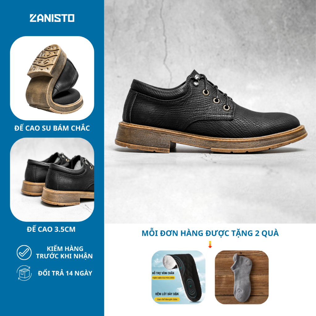 Giày Da Nam Cao Cấp Đốc Tờ ZANISTO CS073 Đế Cao Su Non Nguyên Khối Tăng Chiều Cao Chất Da Cao Cấp