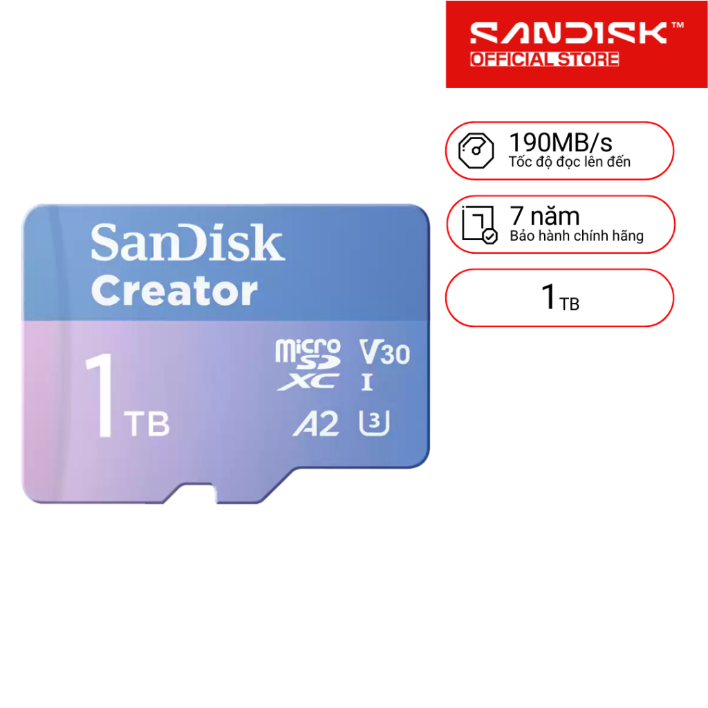 Thẻ nhớ micro SanDisk Creator 128GB / 256GB / 512GB / 1TB V30 U3 C10 A2 UHS-I up to 190MB/s - Bảo hà