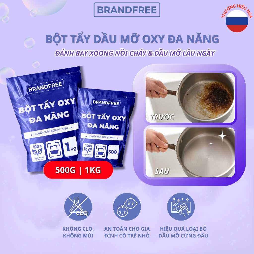 BrandFree Bột Tẩy Dầu Mỡ Oxy Đa Năng, Tẩy Xoong Nồi Cháy, Nhà Bếp, Nhà Tắm, Khử Mùi 500g/1kg