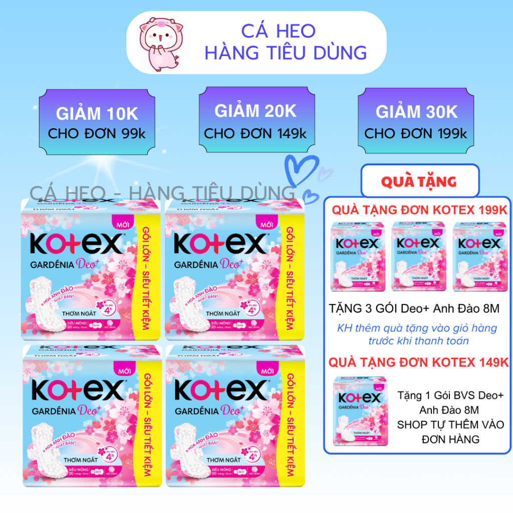 COMBO 4 Gói Băng vệ sinh Kotex Gardenia Deo+ Hoa Anh Đào Siêu Mỏng Cánh 23cm 20 Miếng